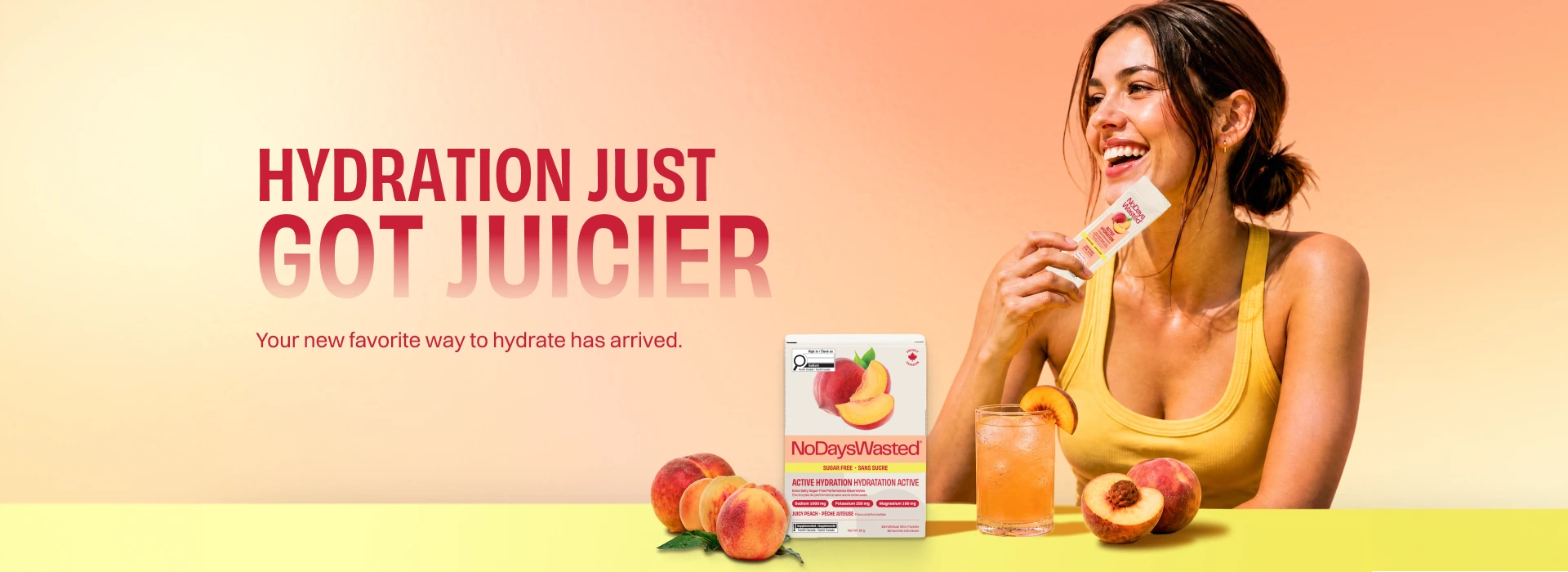 Hydration just got juicier - your new favorite way to hydrate has arrived. Sugar-free Active Hydration in Juicy Peach.