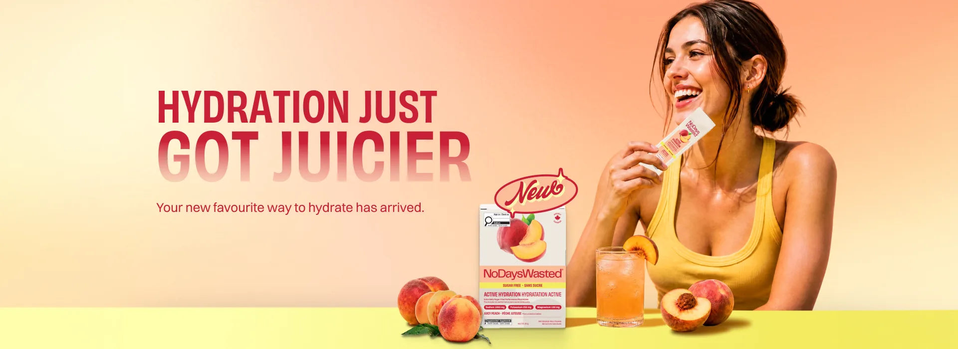 Hydration just got juicier - your new favorite way to hydrate has arrived. Sugar-free Active Hydration in Juicy Peach.